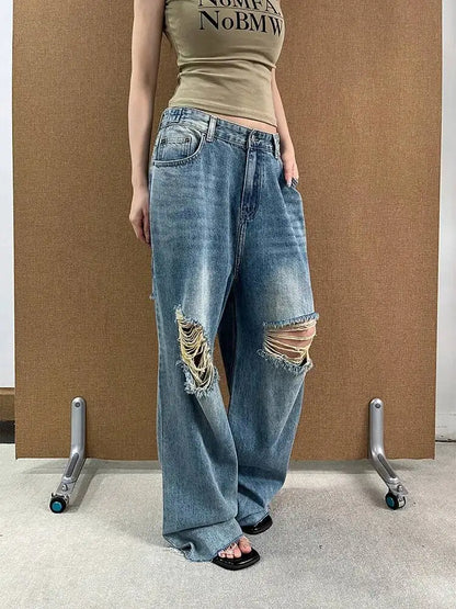 DEAT Fashion Ripped Straight Blue Jeans Women's High Waist Streetwear Denim Pants Summer New 7A4060