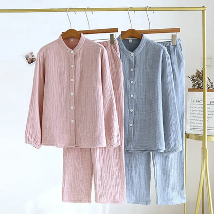 2026 Spring and Autumn New Couple Pajama Set 100% Pure Cotton Crepe Cloth Men's and Women's Stand up Neck Simple Home Clothing