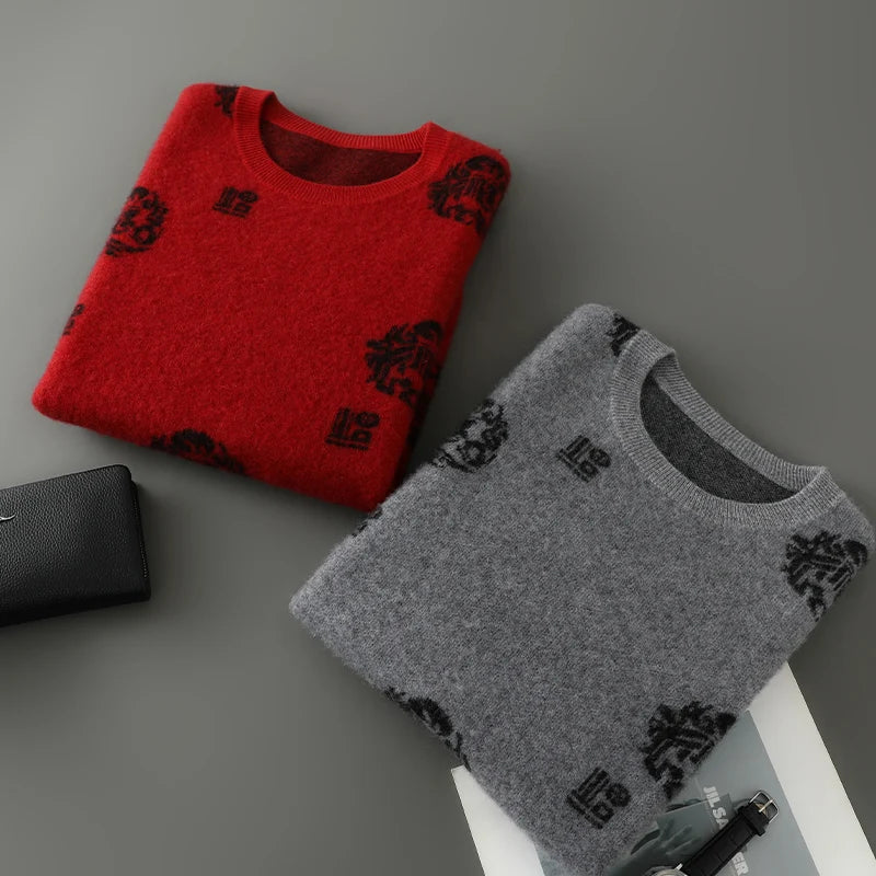 Men's 100% Pure Wool Sweater O-Neck Loose Pullover Autumn/Winter New Embroidery Business Casual Cashmere Tops Knit Bottom Shirt