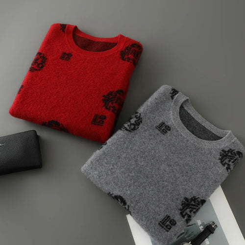 Men's 100% Pure Wool Sweater O-Neck Loose Pullover Autumn/Winter New Embroidery Business Casual Cashmere Tops Knit Bottom Shirt
