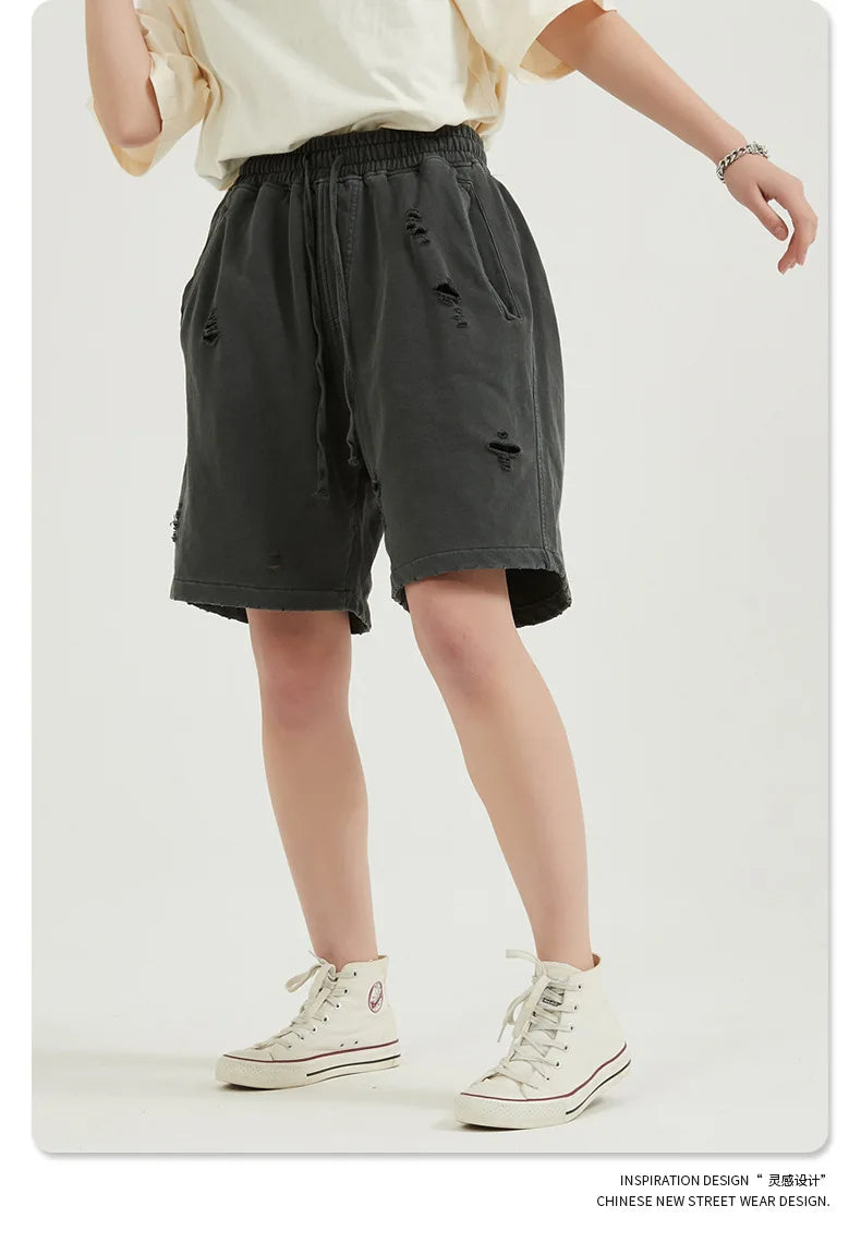 Customized LOGO Men's Heavy 100% Cotton High Street Wind Wash Old Loose Cut Couple Retro Shorts