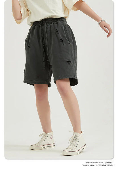 Customized LOGO Men's Heavy 100% Cotton High Street Wind Wash Old Loose Cut Couple Retro Shorts