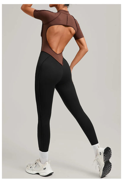 SOISOU Zipper Jumpsuit Women Nylon Clothing Sportswear Woman Gym Yoga Sport Sets Short Sleeve Workout Sets Women Tracksuit