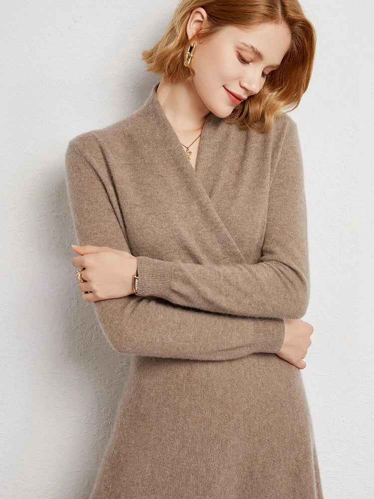 CHICUU Women 100% Cashmere Dresses V-neck Waist Cinching Dresses Autumn Winter Office Lady Grace Luxury Cashmere Knitwear