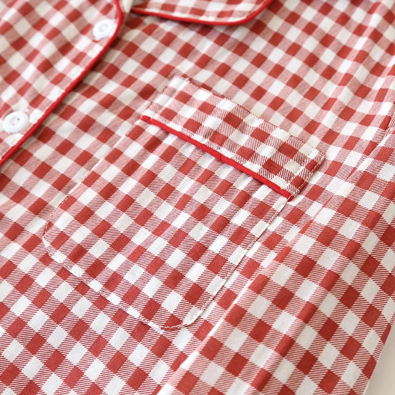2026 Spring/Summer Couple Pajama Set 100% Cotton Double Layer Gauze Men's and Women's Japanese Plaid Set Long sleeved Home Fury