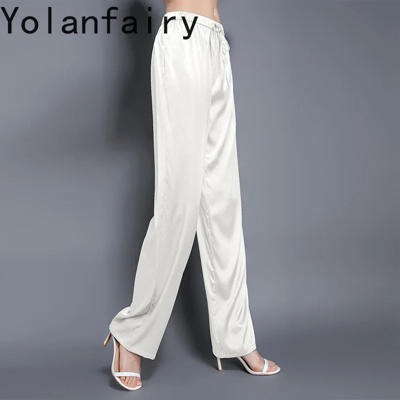 YOLANFAIRY Casual Wide Leg Pants Summer 95% Real Mulberry Silk Women's Pants Korean Loose Trousers Woman Silk Pants Full Length