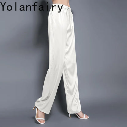 YOLANFAIRY Casual Wide Leg Pants Summer 95% Real Mulberry Silk Women's Pants Korean Loose Trousers Woman Silk Pants Full Length