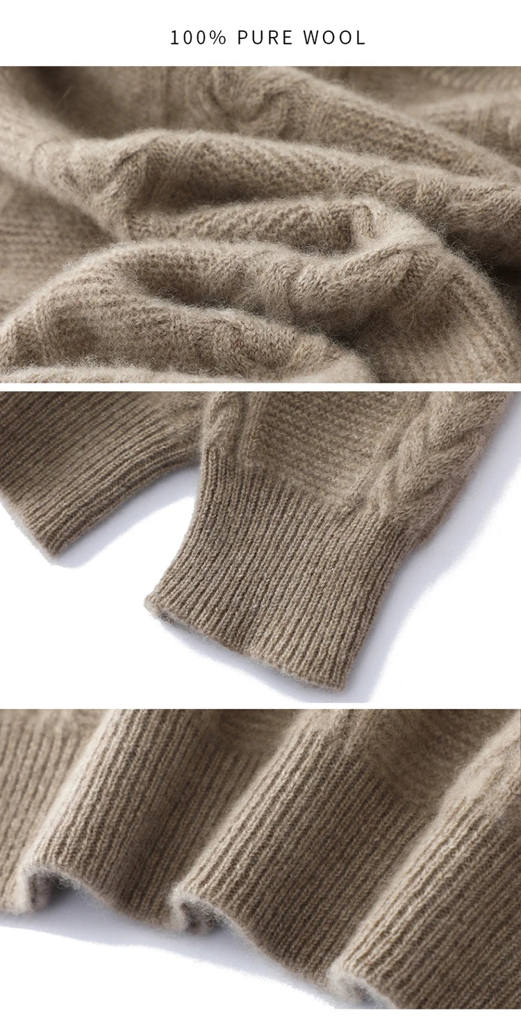 100% Merino Wool Sweater Men's Round Neck Thickened Tops Autumn Winter New Soft Warm Casual Solid Color Knitted Pullover