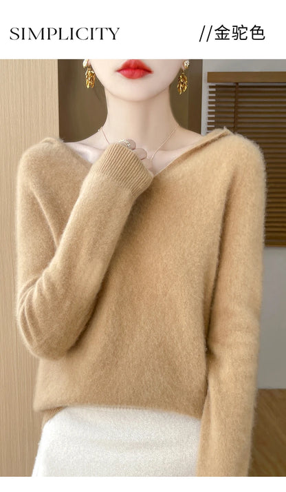 Women Autumn Winter Clothing Hooded Collar Pullover 100% Merino Wool Sweater New Fashion Cashmere Tops Bottoming Knitwear Soft