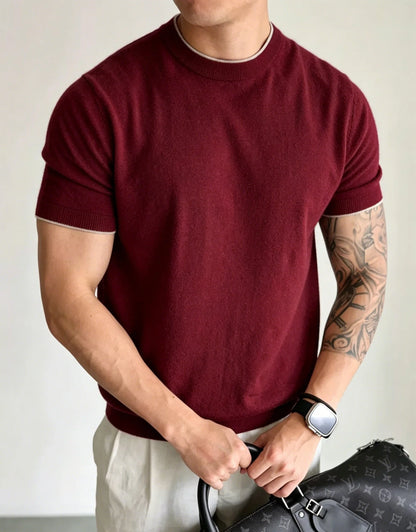 Light Luxury Cashmere Blend Anti Pilling Knitted Short Sleeved Round Neck T-shirt for Men, Retro Casual Business Summer Shirt
