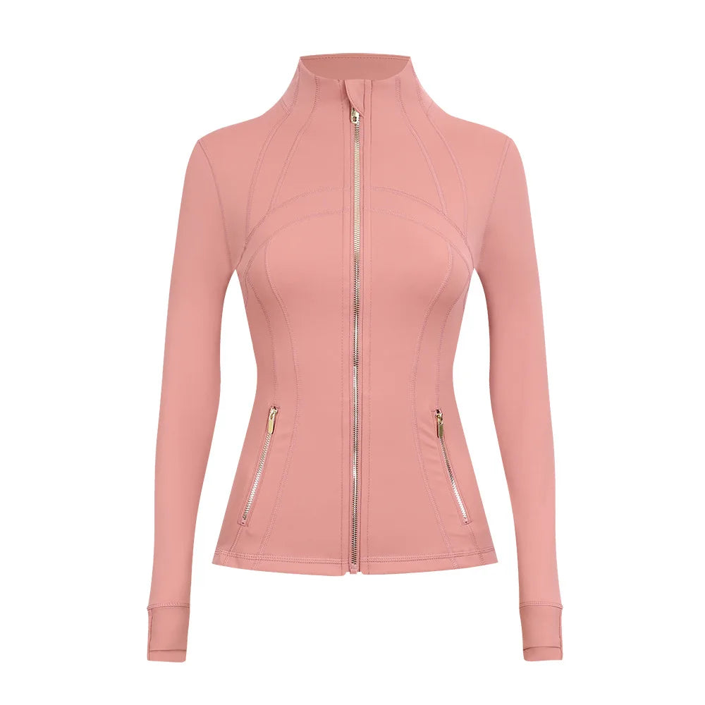 Personalized LOGO custom women's gold zip jacket tight stand-up collar quick-drying fitness running yoga suit 41-color S-3XL top