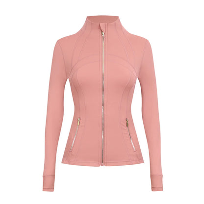 Personalized LOGO custom women's gold zip jacket tight stand-up collar quick-drying fitness running yoga suit 41-color S-3XL top