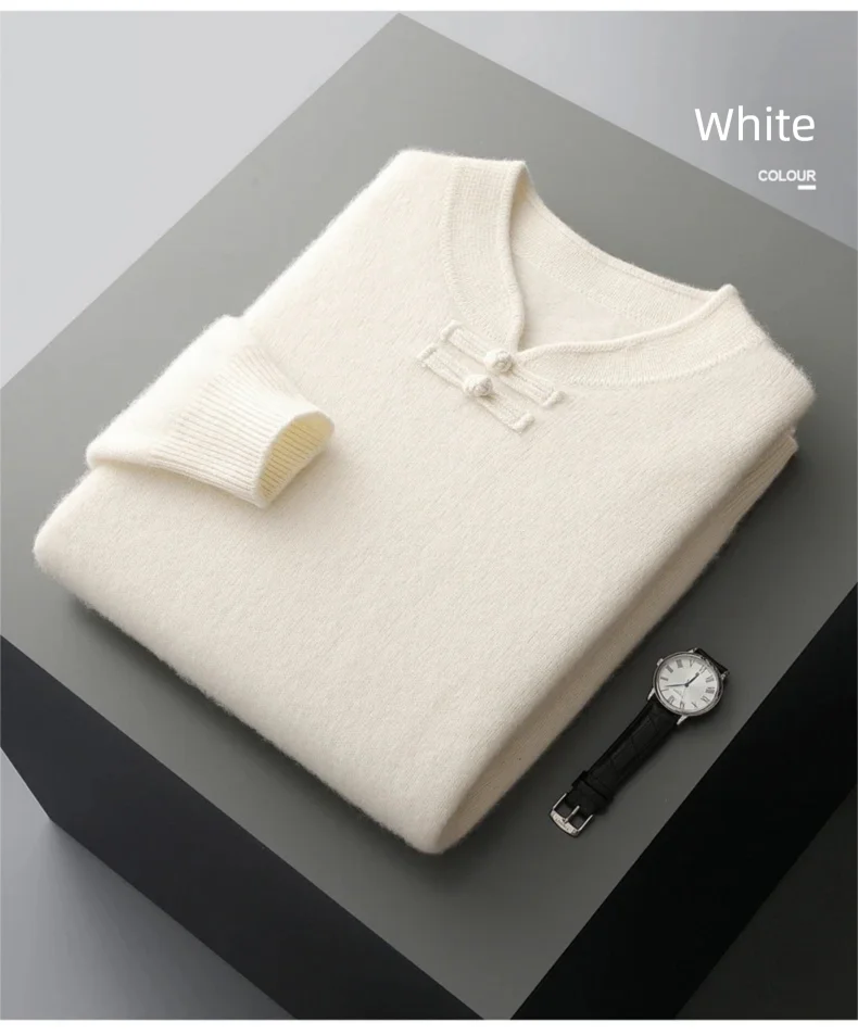 New Chinese Style Men's Pullover 100% Pure Wool Knit Sweater Autumn Winter Retro Stand Collar Long Sleeve Fashion Cashmere Tops