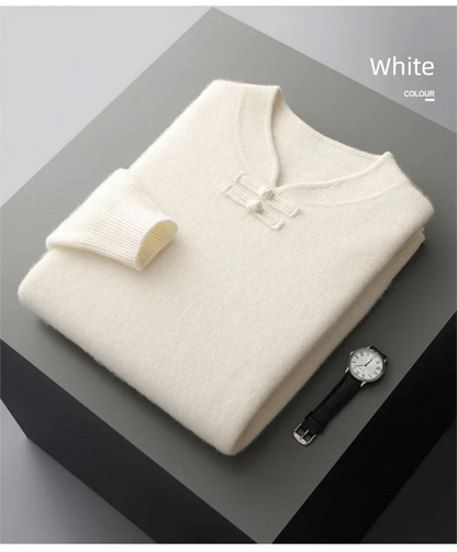 New Chinese Style Men's Pullover 100% Pure Wool Knit Sweater Autumn Winter Retro Stand Collar Long Sleeve Fashion Cashmere Tops