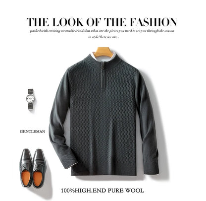 2024 Autumn Winter New Men's Half-High-Neck Thick 100% Pure Wool Sweater Long-Sleeved Business Warm Cashmere Bottoming Shirt Top