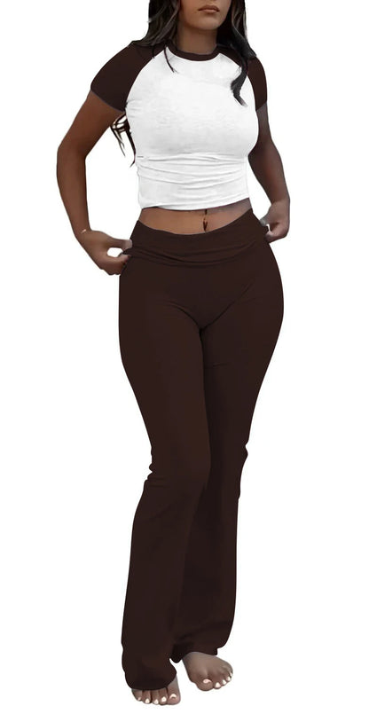 Casual Workout Two Piece Outfits for Women Short Sleeve Crop High Waist Foldover Flare Pants Tracksuit Sets Streetwear