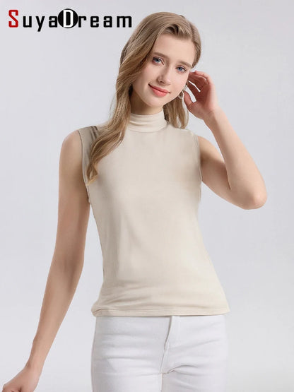 SuyaDream. Women Solid Tanks, 92%Real Silk, Mock Neck, Sleeveless Chic T Shirt, 2025 Solid Summer Vests