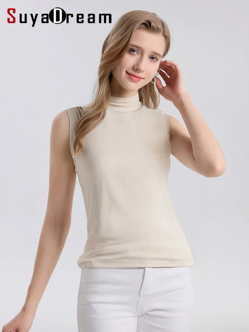 SuyaDream. Women Solid Tanks, 92%Real Silk, Mock Neck, Sleeveless Chic T Shirt, 2025 Solid Summer Vests
