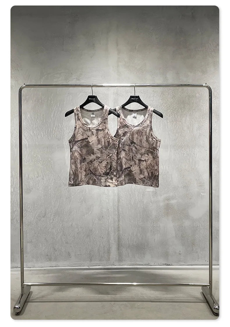 Custom LOGO men's 315G cotton polyester summer American street camouflage loose sports vest shorts outdoor fitness set