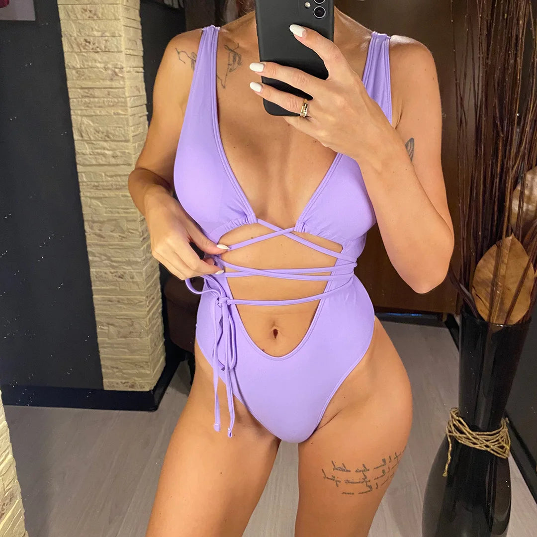 Sexy Bandage Wrap Around Tummy Cut Out Deep V Monokini One Piece Swimsuit Women Swimwear Female Bather Bathing Suit Swim V1037