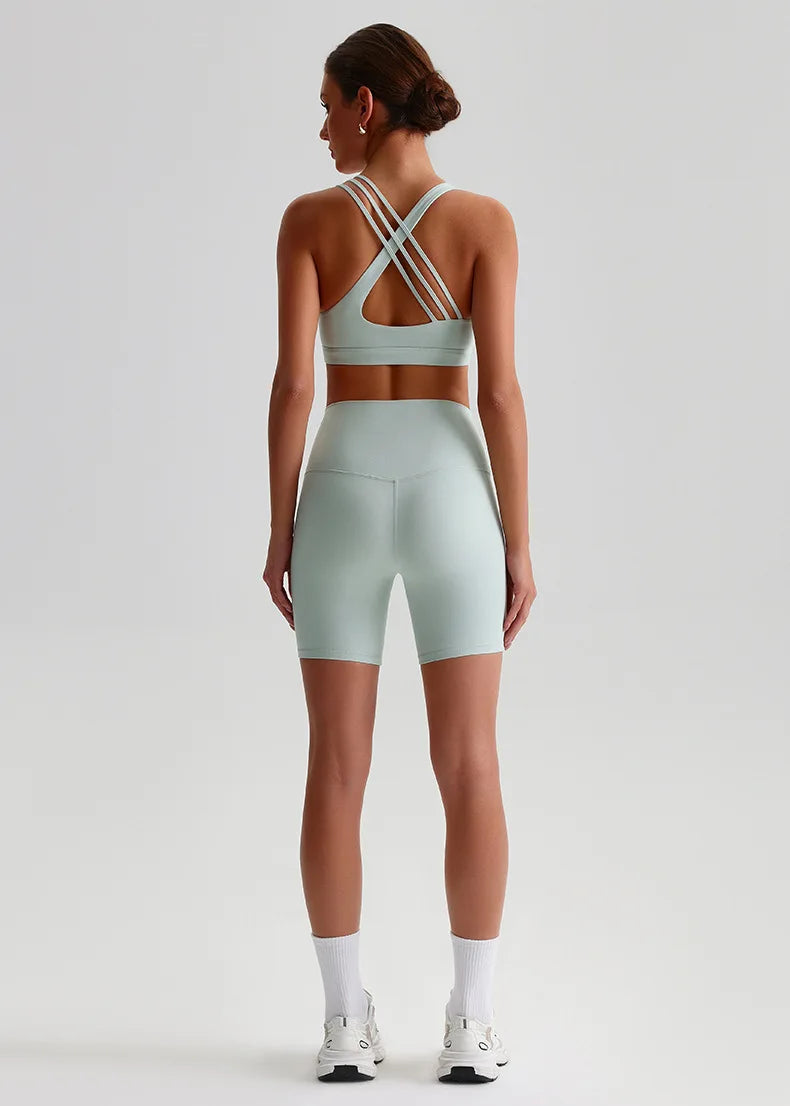 Solid Color High Impact Solid Gym Yoga Set Tight Legging Fitness Cross-back straps Bra Top 2pcs Soft Sport Suit  Women Sportwear