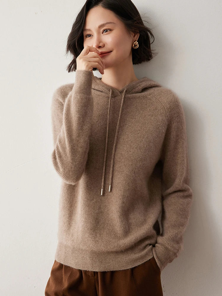 CHICUU Autumn Winter Women Hoodie Pullover Sweater 100% Cashmere Knitwear Soft Warm Casual Style Hooded Sweater Tops