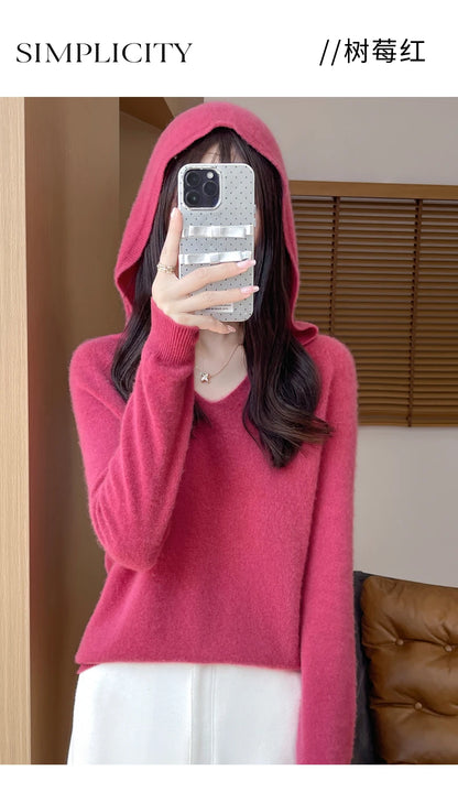 Women Autumn Winter Clothing Hooded Collar Pullover 100% Merino Wool Sweater New Fashion Cashmere Tops Bottoming Knitwear Soft
