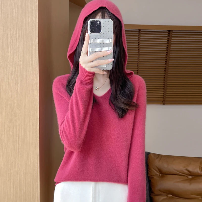 Women Autumn Winter Clothing Hooded Collar Pullover 100% Merino Wool Sweater New Fashion Cashmere Tops Bottoming Knitwear Soft