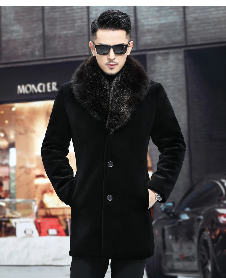6XL Winter Jacket for Men Sheep Shearling Down Coat Men's Large Fur Collar Midi Long 100% Wool Real Fur Coats and Jackets FCY