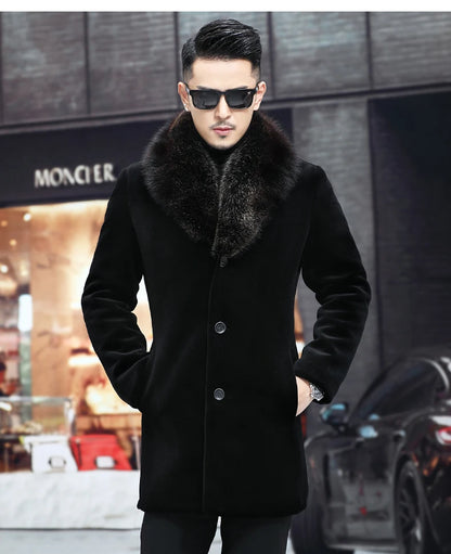 6XL Winter Jacket for Men Sheep Shearling Down Coat Men's Large Fur Collar Midi Long 100% Wool Real Fur Coats and Jackets FCY