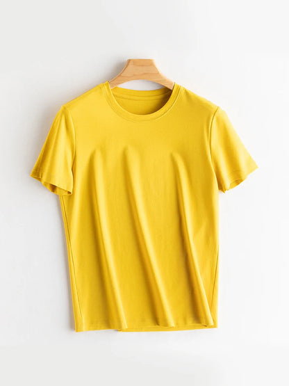 SuyaDream Women Solid T shirts, Silk Cotton Blend, O Neck, Short Sleeved Solid Tee,2025 Summer Candy Colors Basic Cozy Top Green