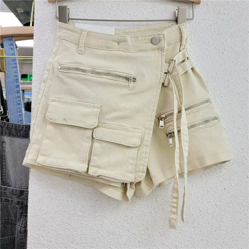 DEAT Fashion Women's Denim Shorts High Waist Zipper Lace Strap Pockets Fake 2 Pcs Green Shorts Skirts Summer 2024 New 17A6200