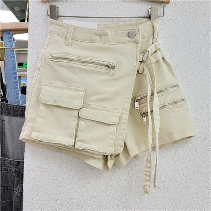 DEAT Fashion Women's Denim Shorts High Waist Zipper Lace Strap Pockets Fake 2 Pcs Green Shorts Skirts Summer 2024 New 17A6200