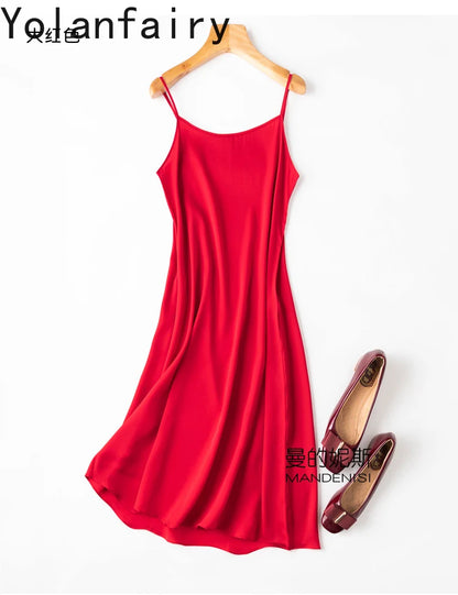 YOLANFAIRY 19momme 93% Mulberry Silk Spaghetti Strap Dress for Women Elegant Mid-length Sexy Real Silk Summer Dresses Woman 원피스