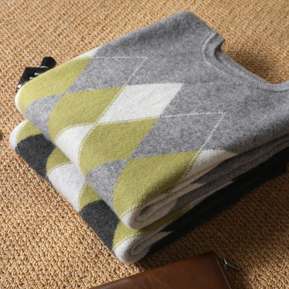 Autumn Winter New Men's Cashmere Sweater Thickened Round Neck Pullover With Contrast Color Loose Casual Knitted100% Wool Sweater