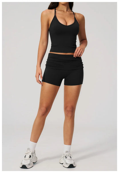 TRY TO BN Two Pieces Women's Tracksuit Vest Sling Top Set Fold-over Waist Yoga Shorts Hip Lifting Running Fitness Gym Activewear