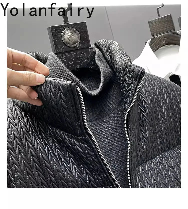 YOLANFAIRY Luxury Top Layer Sheepskin Leather Jackets for Man 2025 Winter Fashion White Goose Down Coat Warm Black Puffer Jacket