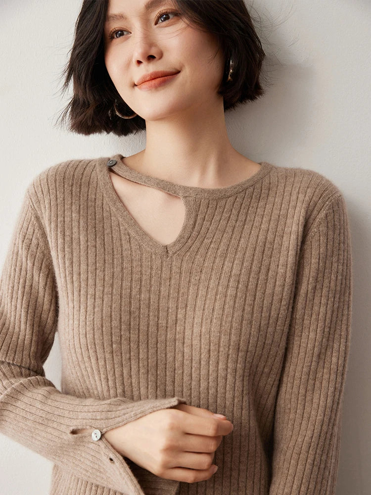 CHICUU Women's 100% Cashmere Knit Pullover Sweater Cut Out Collar Long Sleeve Pullover Autumn Winter Basic Cashmere Knitwear Top