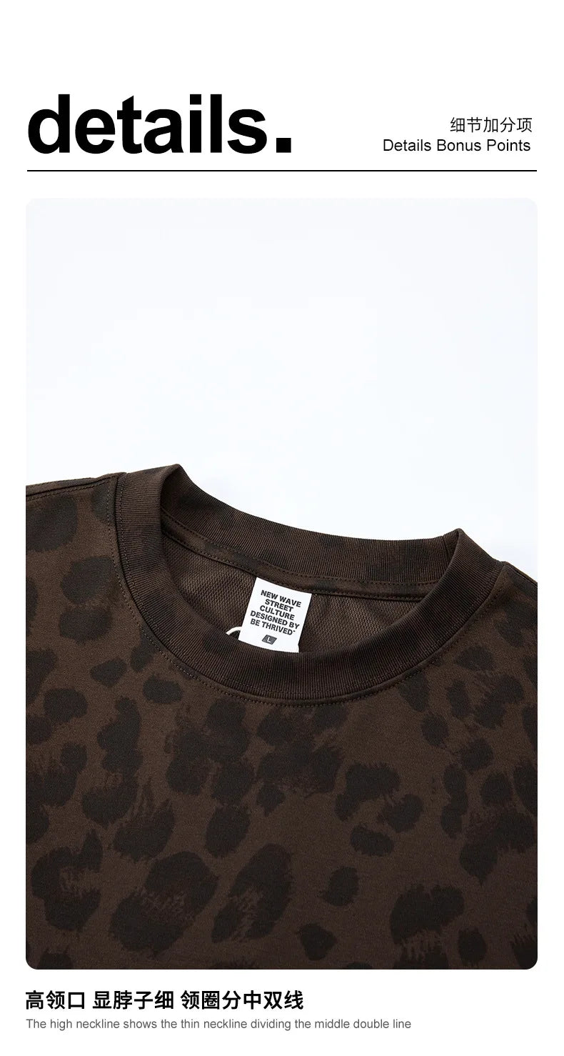 Custom LOGO men's new summer 240G cotton polyester American retro BOXY leopard print short-sleeved T-shirt casual loose top