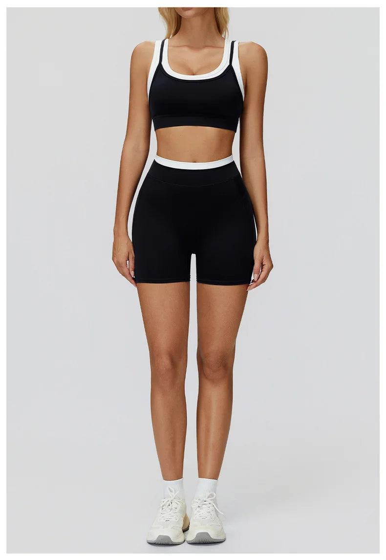 TRY TO BN Yoga Shorts Sets Women's Tracksuit Two Fake Pieces Sports Ribbed Contrasting Color Workout Running Fitness Gym Clothes