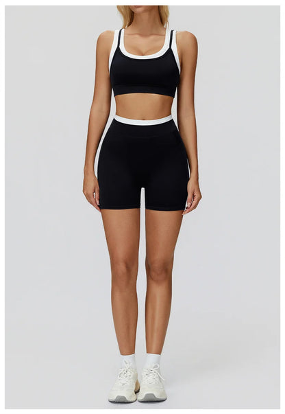 TRY TO BN Yoga Shorts Sets Women's Tracksuit Two Fake Pieces Sports Ribbed Contrasting Color Workout Running Fitness Gym Clothes