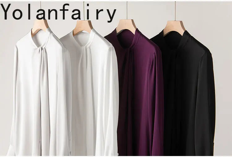 YOLANFAIRY 93% Real Mulberry Silk Shirts for Women Spring 2026 Elegant Solid Long Sleeve Shirt Woman Top Ribbon OL Blouses Trend