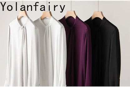 YOLANFAIRY 93% Real Mulberry Silk Shirts for Women Spring 2026 Elegant Solid Long Sleeve Shirt Woman Top Ribbon OL Blouses Trend