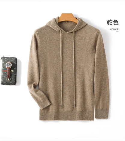 Men's 100% Merino Wool Sweater Hooded Collar Knitted Pullover Cashmere Sweatshirt Autumn Winter Casual Large Tops Long Sleeved