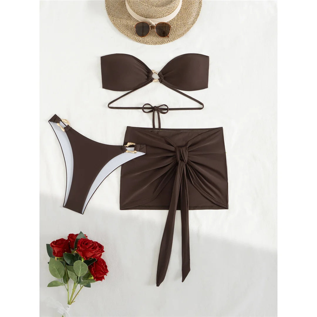 New Bandeau With Skirt Bikini Women Swimwear Female Swimsuit Three-pieces Bikini set High Leg Cut Bather Bathing Suit Swim V6264