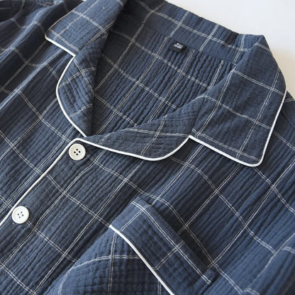 New men's plaid home service suit 100% cotton crepe cloth pajamas long-sleeved trousers simple two-color plus size home service