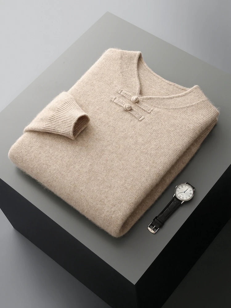 New Chinese Style Men's Pullover 100% Pure Wool Knit Sweater Autumn Winter Retro Stand Collar Long Sleeve Fashion Cashmere Tops