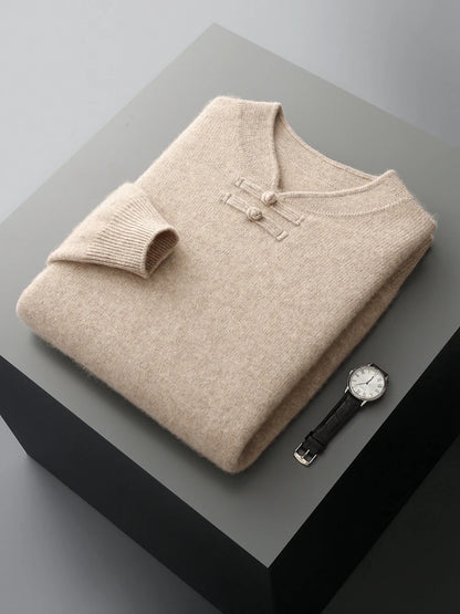 New Chinese Style Men's Pullover 100% Pure Wool Knit Sweater Autumn Winter Retro Stand Collar Long Sleeve Fashion Cashmere Tops
