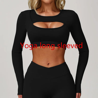Women Yoga Shirts Crop Top Long Sleeves Sexy Hollow Out Shirts for Women Yoga Sports Fitness Gym Clothes Push Up Workout Tops