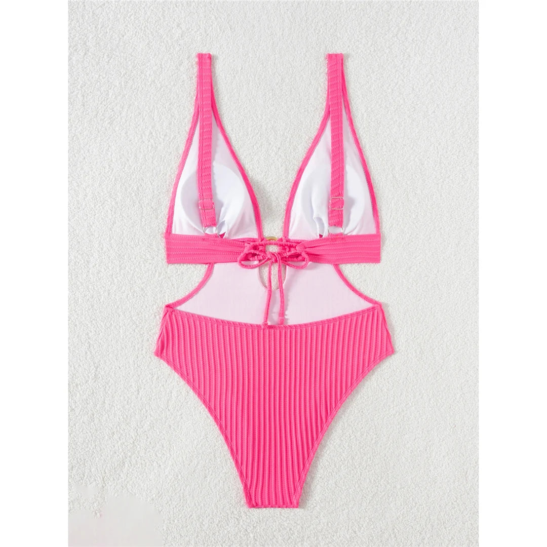 Sexy 8 Colors Deep V Neck Cut Out One Piece Swimsuit Women Swimwear Female High Leg Cut Monokini Bather Bathing Suit Swim V7177